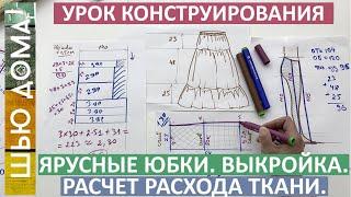 Выкройка ярусных юбок на любой размер с поясом на резинке. Расход ткани.  Коэффициент присборивания.