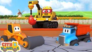 Super excavator rebuild new bridge -ExcavatorBulldozer crane truck and loader for kids.