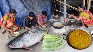 Indian TRIBE MOTHER cooking MRIGEL FISH curry recipe for her children at noon  Village cooking