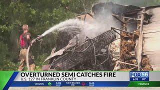 Overturned semi catches fire on US 127 in Franklin County