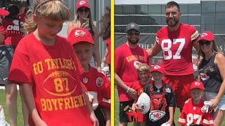 Travis Kelce Meets Young Cancer Survivor and Sister Wearing Go Taylors Boyfriend Tee