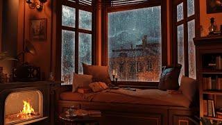 Cozy Reading Nook Ambience - Rain on Window & Thunder Sounds  Warm Fireplace