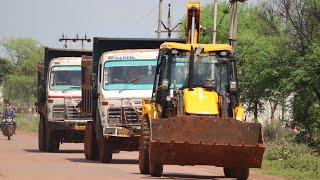 JCB 3dx Backhoe with 2 Tata 2518 Truck Going To Another Village For Working