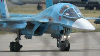 Sukhoi Su-34 Fullback frontline bomber startup and short takeoff.