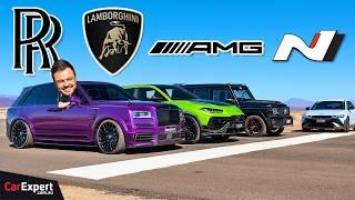 Rare Lambo v Brabus G63 v Mansory Cullinan v electric Hyundai drag race