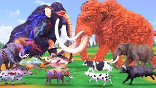 Zombie Mammoth vs Zombie Elephant vs 3 Zombie Bulls attack Cow Buffalo Save by Columbian Mammoth