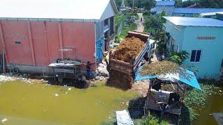 Dozer & Truck Pouring soil behind villagers houses surrounded by flooded water