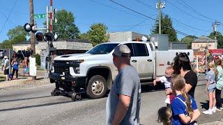 CSX High Rail Truck Interrupts Parade   Train Horn Salute For Girl Fast Trains With DPUs Booking