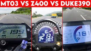 Z400 VS MT-03 VS DUKE 390  0 TO 100  TOPSPEED