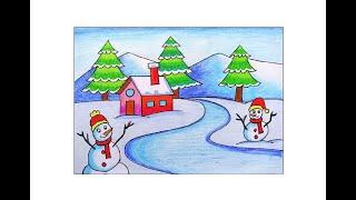 HOW TO DRAW WINTER SEASON SCENERY DRAWING STEP BY STEPEASY WINTER SEASON DRAWINGCHRISTMAS DRAWING