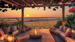 A Peaceful Beachside with Calm Ocean Waves & Crackling Fire  Beautiful Golden Hour Ambiance