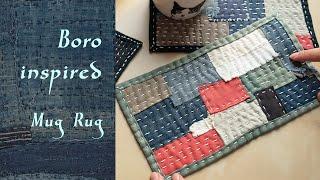 Sashiko Boro-inspired Quilt Mug Rug Made with Fabric Scraps