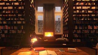 COZY Rainy Library with Fireplace  Videos made to study rather than sleep