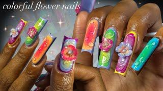 Colorful Flower Polygel Nailspolygel application + intricate nail art