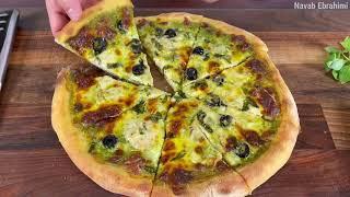 پیتزا با سس ریحون، طرز تهیه خمیر پیتزا با کیفیت به همراه نواب - pizza with basil sauce by navab