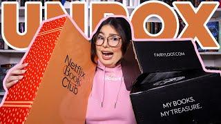 MASSIVE book box unboxing haul  fairyloot illumicrate unplugged AND netflix book club?