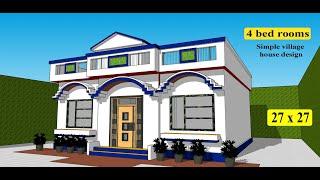 27 x 27 village house design with 4 bed rooms II 27*27 ghar ka naksha II 4 bhk house plan with 3d