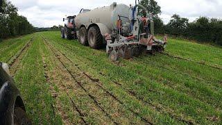 Case Optum and Pichon Tanker slitting slurry on grass.