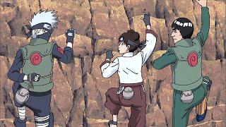 Guy and Kakashi compete in a one-handed mountain climbing challenge while training Tentens skills