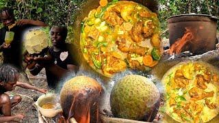 Coconut Curry Chicken and Roast Breadfruit  Outdoor Cooking in Rainy Weather  Must Watch