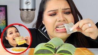 I Tried ASMR.. Eating Raw Honeycomb Slime Aloe Vera Sticky Crunchy Sounds