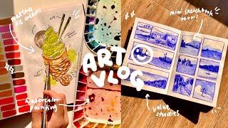 ART VLOG ️ mini sketchbook tour watercolor food smol muji haul & sketching mukbang 