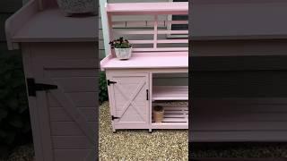 Loving the new addition of my pink potting bench in the garden Color Glidden Pleasing Pink.