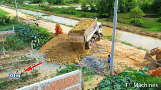 Just Starting New Project Dump Truck10wheels Stuck In Mud Help By D58E Dozer & Push Soil Into Water