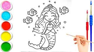 Beautiful Mermaid  and Fish   Drawing and Coloring Tutorial for Children