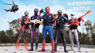 PRO 5 SUPERHERO Survival Battle  Which Spider-Man Will Win ???  Epic Nerf War  by FLife TV