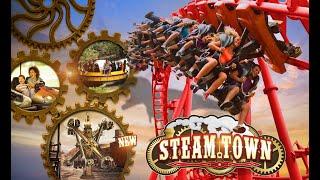 New Six Flags America SteamTown Preview - SkyWinder coaster on-ride vid and SteamWhirler run-thru