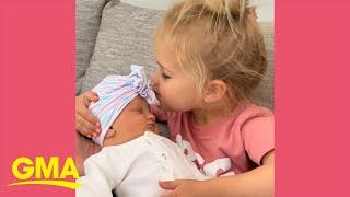 Watch the adorable moment this 3-year-old welcomes her newborn sister home