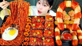 ASMR MUKBANG 직접 만든 불닭 버섯 소세지 먹방 & 레시피 FRIED SAUSAGES AND FIRE NOODLES EATING