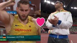 Neeraj Chopra cheers for Johannes Vetter at Tokyo Olympics 2020 Finals - Good Sportsmanship Moment