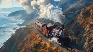 Steam and Freight Trains with American Folk Music and Beautiful Scenery  4K