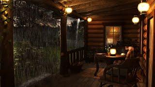 Cozy Cabin Porch with Heavy Rainstorm - Relaxing Rain Sounds for Sleeping Studying & Relax 8 Hours