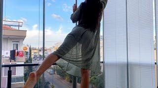 Wash the window  Cleaning motivation  Girl clean window Transparent See thought dress
