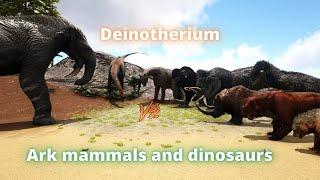 Deinotherium vs ark creatures battle wooly rhino mammoth direbear yuty t.rex paracetarium...