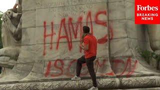 SHOCK MOMENT Pro-Palestinian Protestor Defaces Christopher Columbus Statue With Pro-Hamas Message