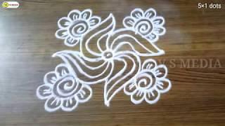 simple and easy flower rangoli with 5×1 dots  rangoli  chukkala muggulu  kolam  padi kolam