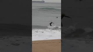 Skimboarder reaches giant wave from the shore