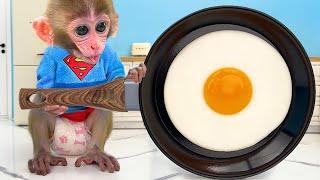 Bebé Mono BonBon Crea Huevos Gigantes y Nada con un Cachorro Lindo y un Patito - MONO BONBON ESP