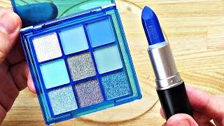 Slime Coloring with Blue Makeup Mixing Blue Lipstick & Blue Eyeshadow Palette into Clear Slime