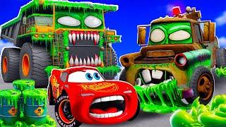 Big & SmallMcQueen vs MATER and BALAZ ZOMBIE SLIME Trailer cars in BeamNG.drive