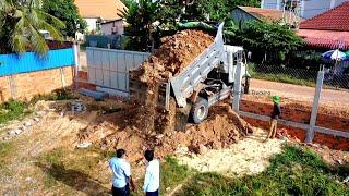 FUll VIDEO START New PROJECT by Dump Truck and D20P Dozer Working together Landfill in Fence 20x30M