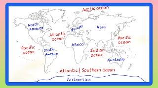 CONTINENTS AND OCEANS MAP  MAP POINTING  WORLD MAP  7 CONTINENTS AND 5 OCEANS MAP