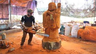 Amazing Skill Wood Carving Buddha Statue With Chainsaw - Extreme Woodworking Skills