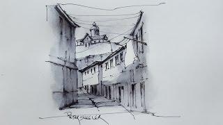 How to draw with soluble ink. Pen and Water Brush. A Sunlit Alley with Shadows