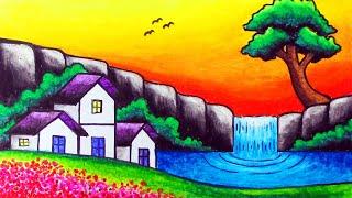 How to Draw Nature Scenery of Waterfall Sunset and Houses  Easy Waterfall Sunset Scenery Drawing