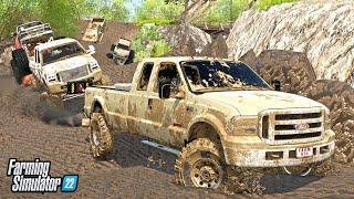 LIFTED TRUCKS GOING MUDDING WITH TRAILERS EXTREMELY DEEP MUD  FS22